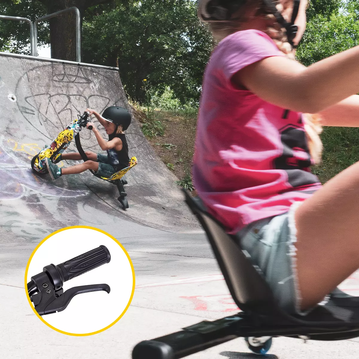 Mädchen und Junge steuern ihr Drift-Trike über eine Skaterpiste