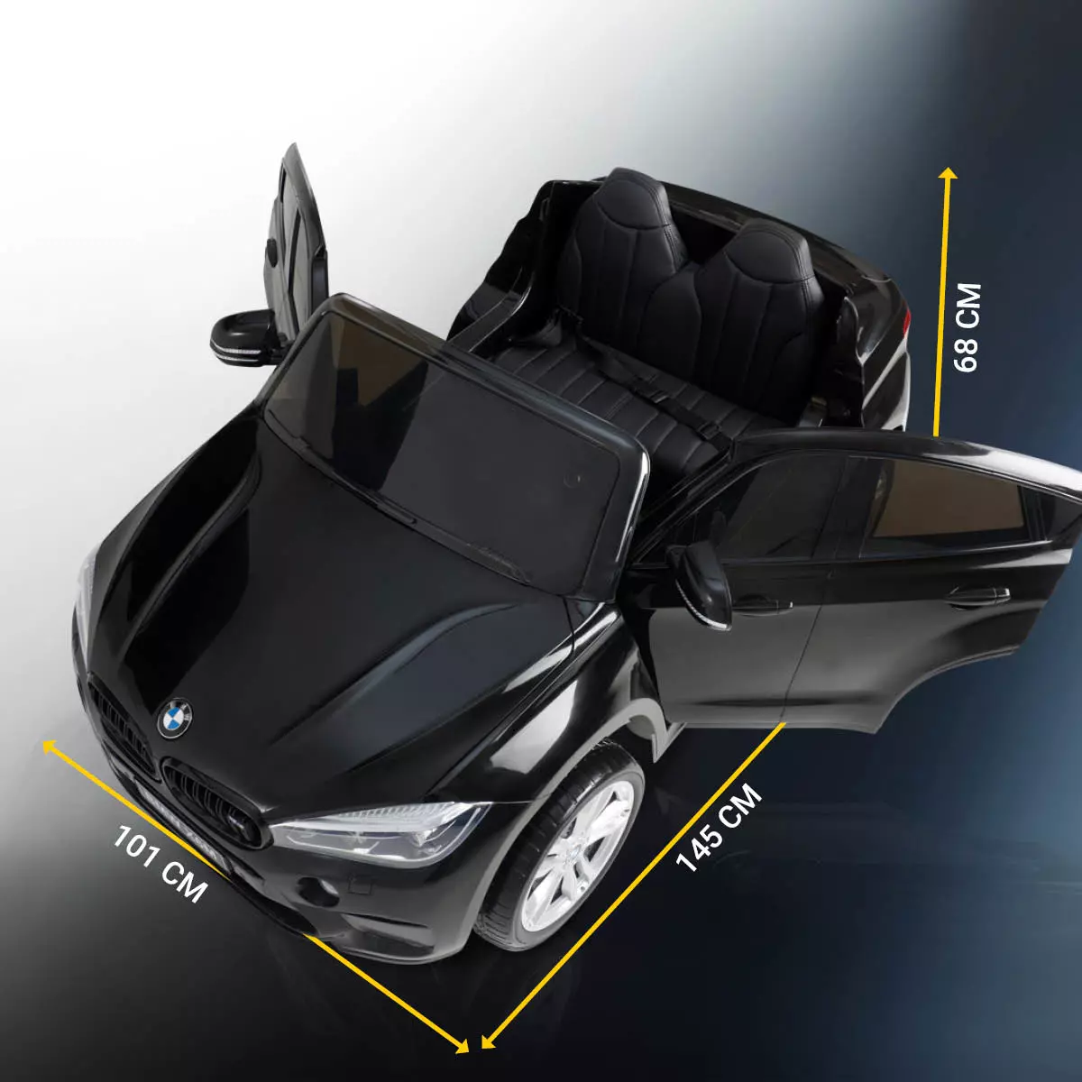 BMW Kinderauto mit geöffneten Türen und Maßen von 145 x 101 x 68 cm