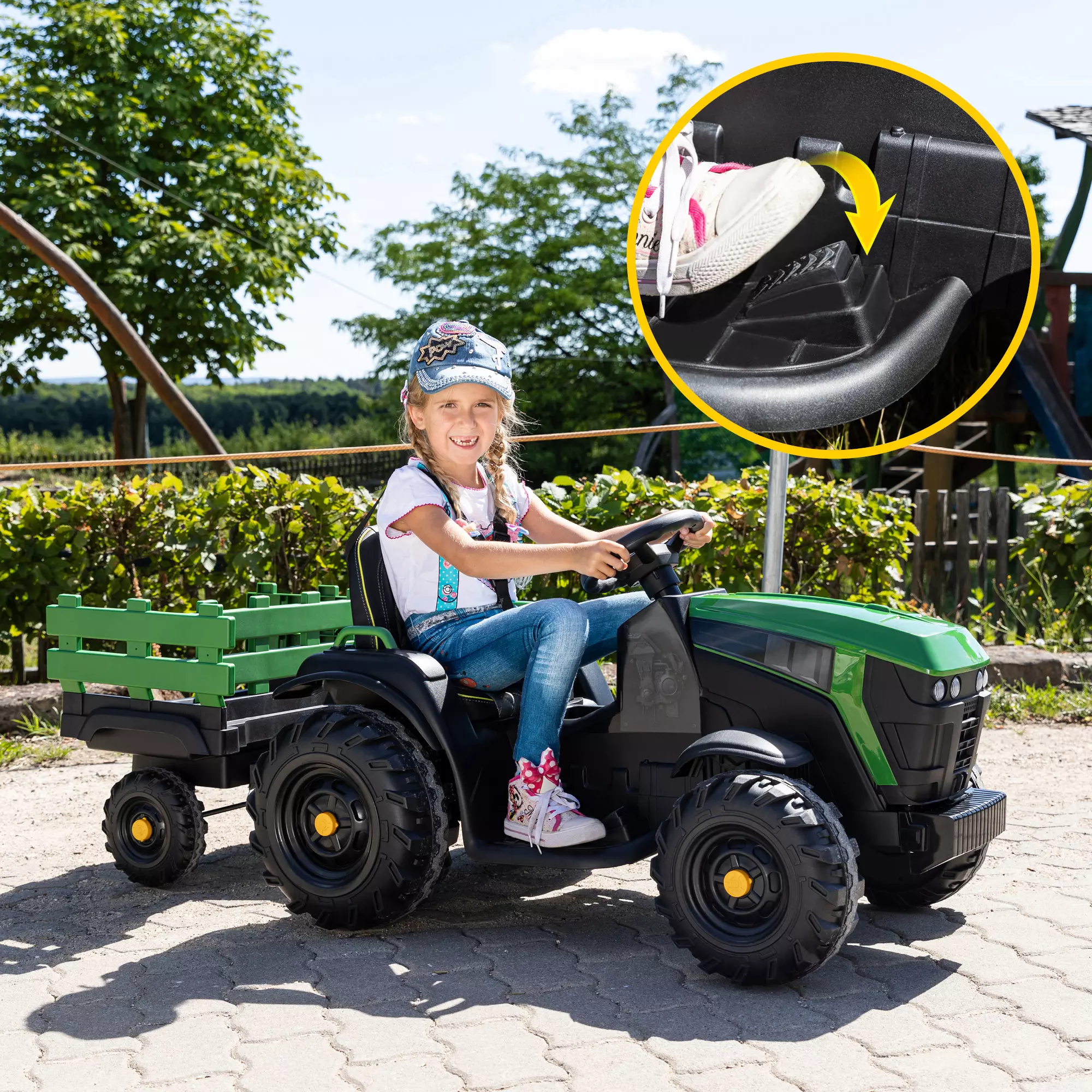 Jamara Elektro-Kindertraktor Ride-on Traktor Super Load, Belastbarkeit 28  kg, mit Anhänger, Schlüsselloser Startvorgang per Startknopf