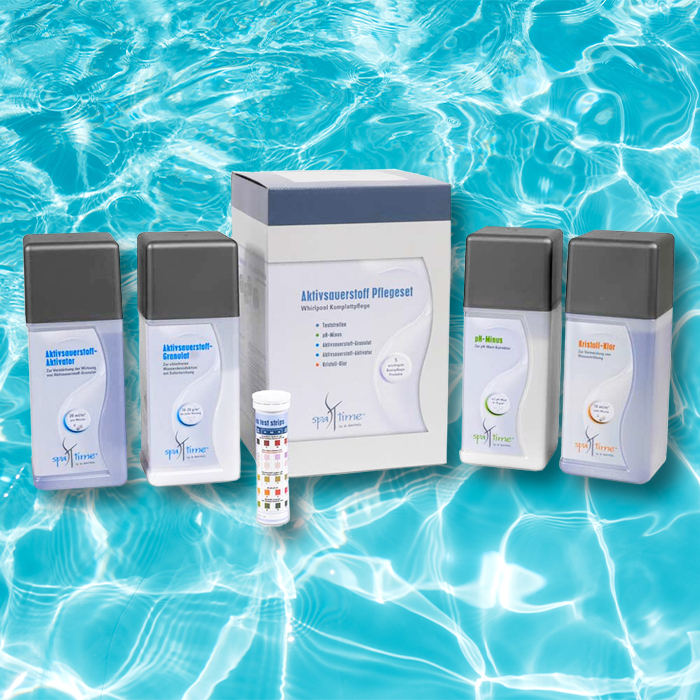 Set-Inhalt: 1.0 kg Aktivsauerstoff-Granulat, 1.0 l Aktivsauerstoff-Aktivator, 1.5 kg pH-Minus Granulat, 1.0 l Kristall-Klar, 1 Dose mit 50 Teststreifen 5 Funktionen Bayrol - SpaTime Aktivsauerstoff Starterset Komplettpflegeset