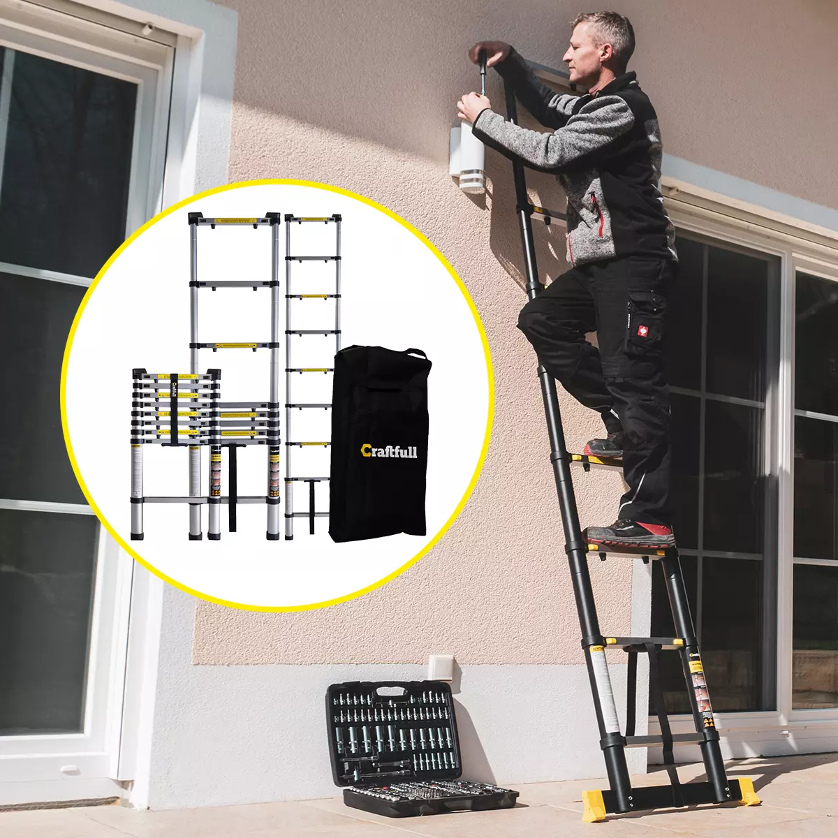 Mann repariert die Lampe an der Hauswand, Leiter in unterschiedlichen Größen