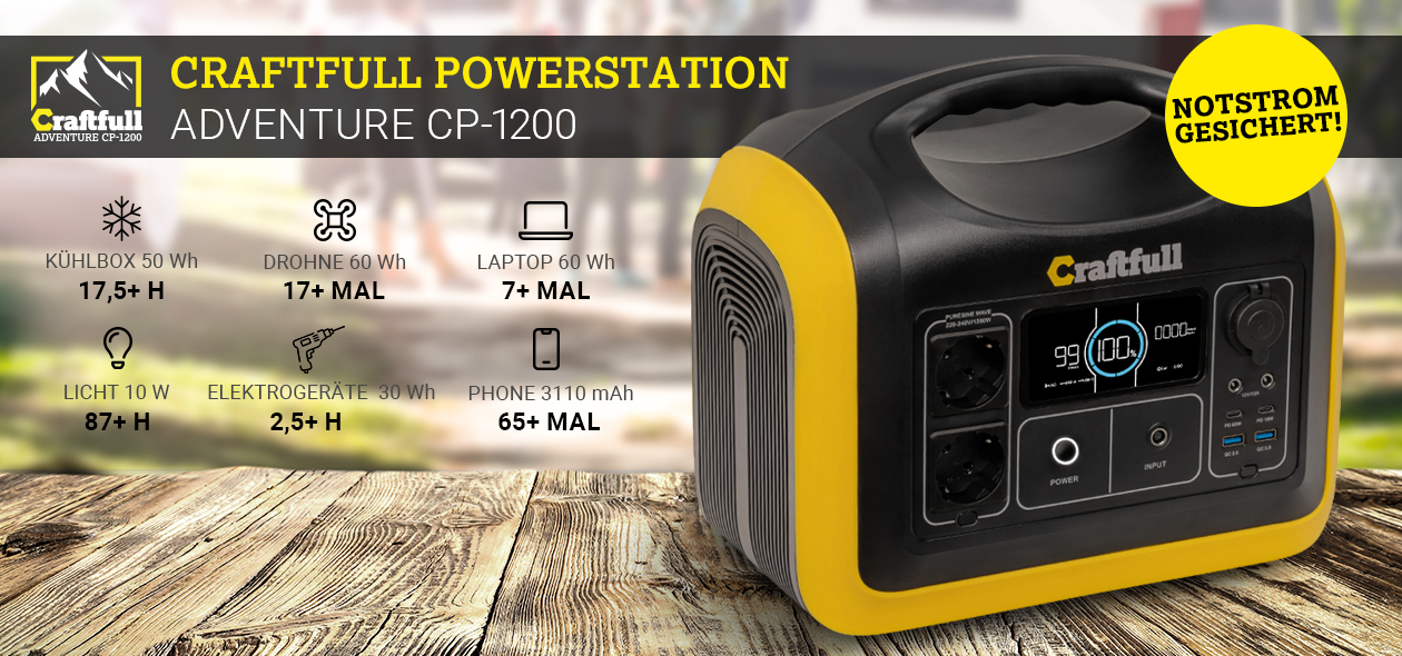 Craftfull Powerstation Adventure CP-1200 Die Craftfull Powerstation Adventure CP-1200 als Notstrom für Kühlbox, Laptop, Licht und Co.