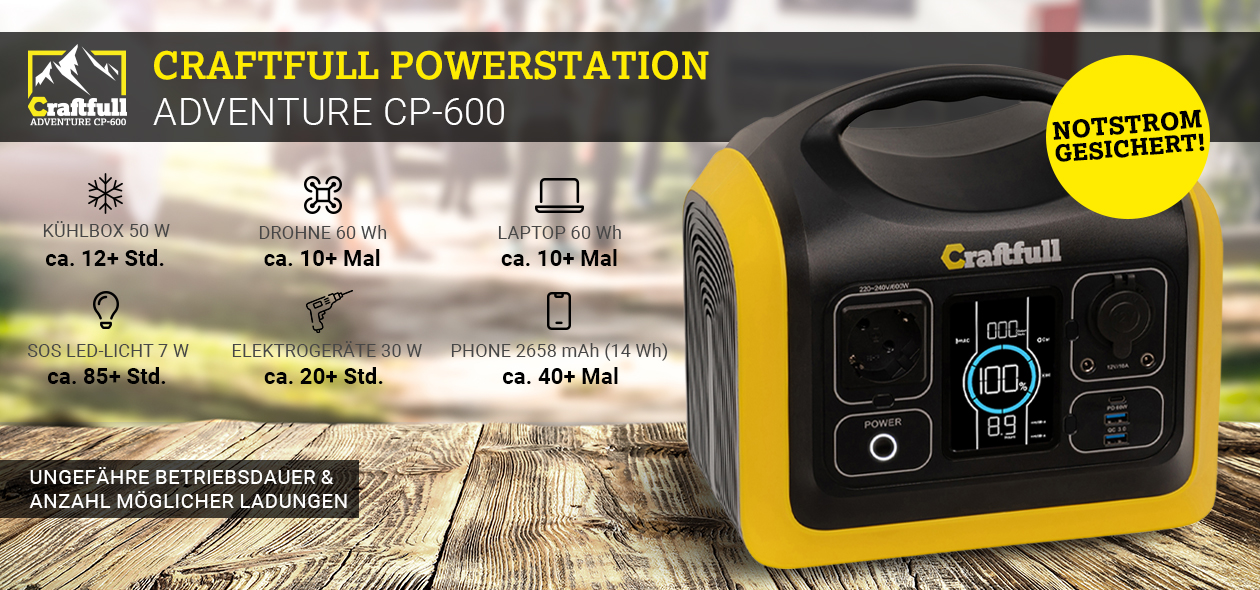 Die Craftfull Powerstation Adventure CP-600 als Notstrom für Kühlbox, Laptop, Licht und Co.