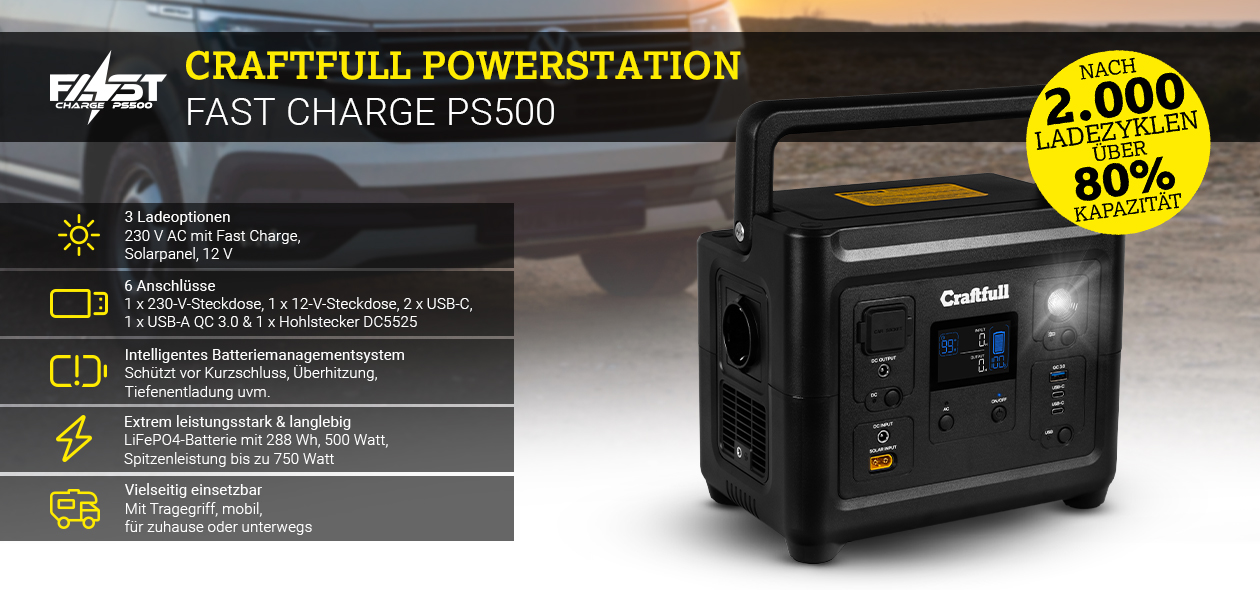 Craftfull Powerstation Fast Charge PS500 sichert Notstrom beim Campingausflug