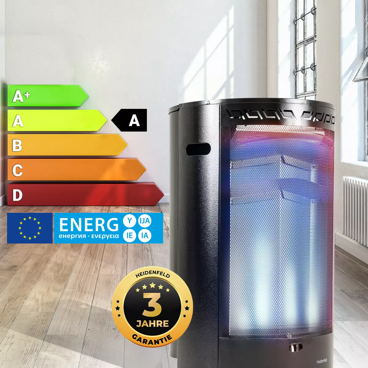 Heidenfeld Gasofen Blueflame GH110 im Wohnzimmer mit Energieeffizienzklasse A