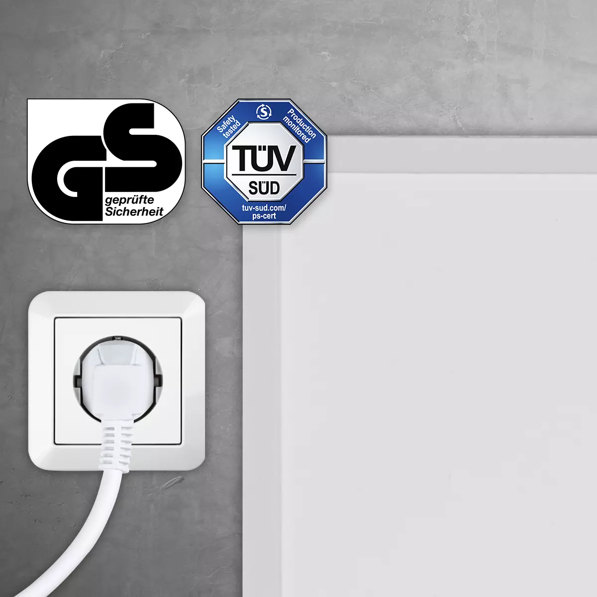 TÜV, GS, Überhitzungsschutz uvm. Das Kabel der Heidenfeld Infrarotheizung HF-HP106-2 angeschlossen an Steckdose